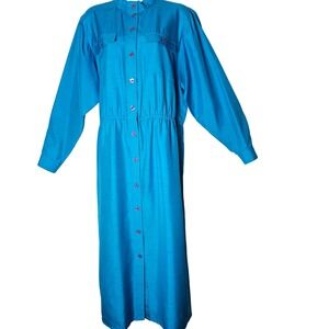 VTG IMBR International‎ Blue Silk Shirt Dress Button Front Midi Length Size 14